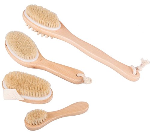 Bekith 4 Body Brush Set - Contoured Wooden Handle Body Brush, Oval Dry Skin Body Brush, Long Handle Body Brush and Face Brush - Excellent for Skin Exfoliating, Cellulite Treatment & Lymphatic Massage