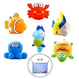 Large Educational Water Squirties Ocean Animals. 6 Bath Toy Pack. Bath Organizer + 4 Strong Suction Cups With Hooks. Fun Bathtub Mildew Resistant Floating Squirter Toys for Baby