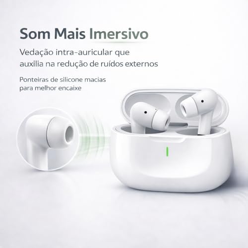 Fone de Ouvido Bluetooth 5.4 TWS Branco Sem Fio com Microfone, Controle Touch, Intra Auricular com Redução de Ruído, Estojo USB-C, Até 16h, Android e iPhone