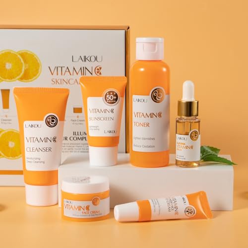 LAIKOU Vitamin C Skin Care Set, 6 Pcs Skincare Kit for Women, with Vitamin C Serum for Face Toner Eye Cream Face Cream Cleanser Sunscreen, Skin Care Gift Set for Women Teenage Girls Mom Daughter