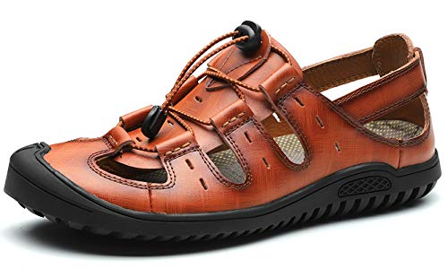 JIONS Closed Toe Leather Fisherman Mens Sandals, Men Outdoor Sport Summer Shoes (42/8.5 M US, C- Light Brown)