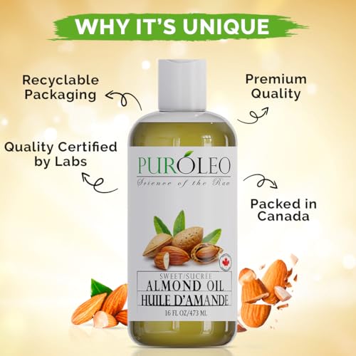 PUROLEO SWEET ALMOND OIL 16 FL OZ/473 ML (PACKED IN CANADA) PURE ALMOND OIL FOR SKIN, HAIR, & BODY | ORGANIC CARRIER OIL & BODY OILS FOR WOMEN | ALMOND BUTTER HAIR OIL, BODY OIL, BABY OIL