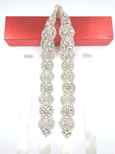 Bridal Rhinestone Belt for Wedding Dress Bridesmaid Gown Women Formal Dress Ribbon Sash with Silver Crystal Beaded Applique