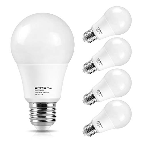 Motion Sensor Light Bulb, 7W (60W Equivalent) Dusk to Dawn Smart LED Bulbs E26 Base, SHINE HAI Soft White 3000K Radar Motion Night Lights Auto On/Off for Porch Garage Basement Stair, 4-Pack