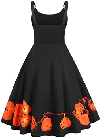 Fiosoji Women Lady Vintage Sleeveless V Neck Novelty Halloween Housewife Print Knotted V Back Dress S~2XL