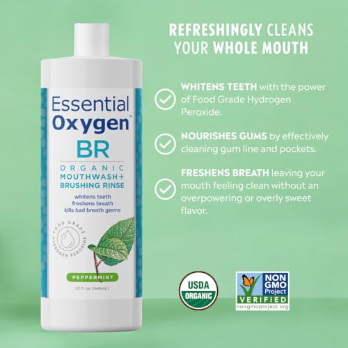 ESSENTIAL OXYGEN CERTIFIED BR ORGANIC BRUSHING RINSE, ALL NATURAL MOUTHWASH FOR WHITER TEETH, FRESHER BREATH, AND HAPPIER GUMS, ALCOHOL-FREE ORAL CARE, PEPPERMINT, 32 OUNCE