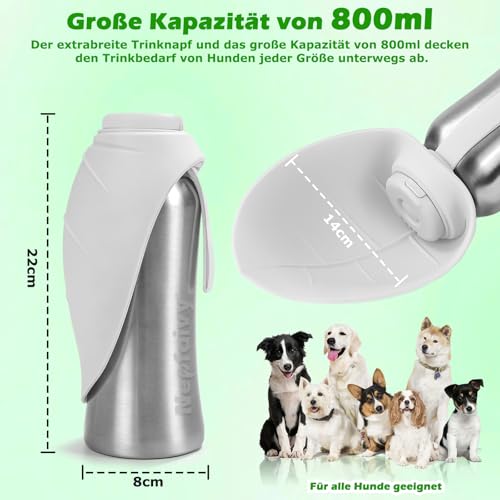 Nepfaivy Dog Water Bottle for On the Go Stainless Steel 800 ml - Leak-Proof Dog Drinking Bottle for On the Go with Push Button, Portable Water Bottle for All Dogs for Travel, Hiking and Camping, White