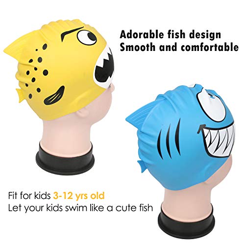 Kids Swim Cap 2 Pack, Fun Silicone Swim Caps for Boys and Girls, Fit for Children 3-12 - Thumbnail 4