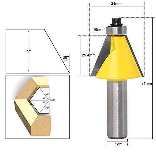 3 Pcs 1/2" Shank Chamfer Router Bits, Chamfer & Bevel Edge Forming Router Bit Set Angle Bit Set Hand Held Router Chamfer Cutter Tool, 15/22.5/30 Degree Lock Miter Bit