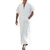 COOFANDY Men's V-Neck Linen Robe Short Sleeve Kaftan Thobe Long Gown Casual Shirt for Beach, Summer