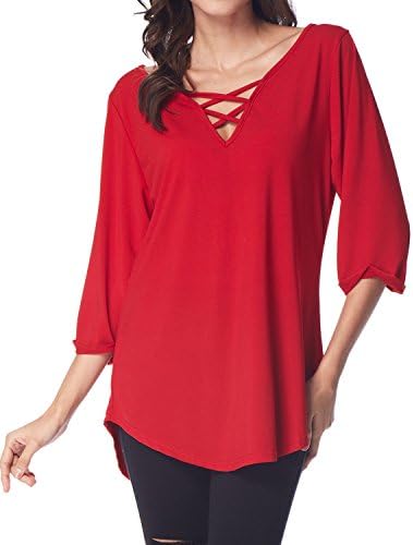 GAMISS Womens V Neck Criss Cross Blouse 3/4 Sleeve Loose Casual Asymmetrical Tunic T-Shirt Top
