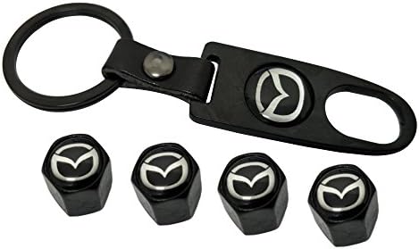 Zelux Combo Set Black Tire Valve Stem Air Caps Cover and Keychain External Use For Japan Mazda Car Auto Stylish