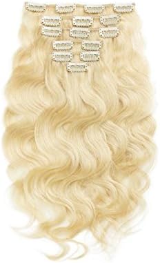 SG Hair 16" Remy Human Hair Clip in Extensions for Women Lightest Blonde(#613) Body Wavy 7Pieces 70grams/2.45oz