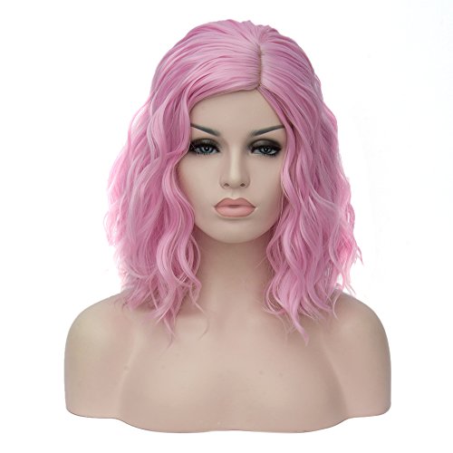 TopWigy Pink Women Cosplay Wig Medium Length Curly Body Wave Colorful Heat Resistant Hair Wigs Costume Party Bob Wig (Pink)