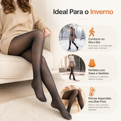 Meia Calça Térmica Feminina Translúcida Forrada Pelinho Preta Tamanho Único 36 ao 44 Interior Aveludado Efeito Meia Fina Forro Pelúcia Poliéster Elastano Para Inverno