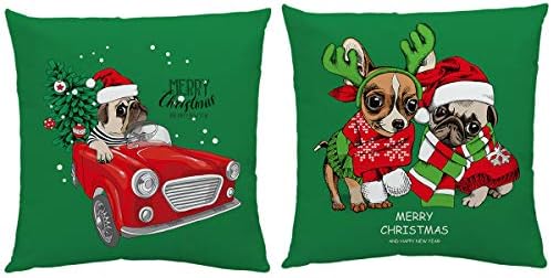 HomeWelt Christmas Pillow Covers Merry Pug Party 18''x18'' Squares Couch Sofa Cushion Pillow Covers