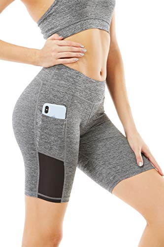 YASEN ART Women\'s Compression Workout Shorts with Side Pockets Tummy Control High Waist Yoga Shorts Athletic Running Shorts Grey