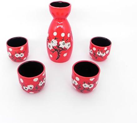 Ashbur Craftmanship 5 Piece Japanese Hand-Painted Ceramic Sake Set, Classic Style (White Cherry Blossom in Red)