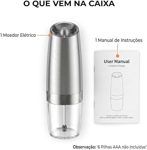 Moedor Eletrico de Sal e Pimenta com Sensor de Gravidade Automático e LED Azul - Mecanismo Ceramico Ajustavel, Operacao com Uma Mao, Inox para Temperos (Prata)