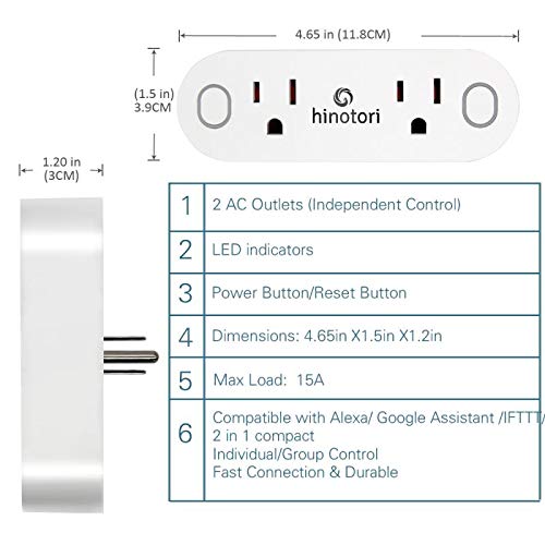 WiFi Strip Smart Plug Switch, Hinotori Alexa Smart Plug Outlet 2 in 1 Compatible with Alexa/Amazon Echo/Google Home/IFTTT Voice Control,Timer,Energy Monitor, No Hub Required, ETL, FCC, RoHS listed - Thumbnail 2