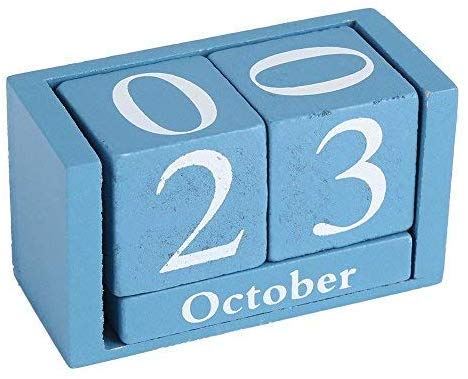 Fdit Vintage Wooden Calendar Desktop Time Concept Rustic Wood Perpetual Block Month Date Display Home Office Decoration (Blue)