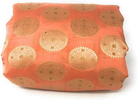 Inhika Women's Fabric Assam Silk Fabric, 1 Yard Blouse Material, Peach Gold Colour, Brocade Jacquard Work | Vestido de Tela Material Mujer por el Metro para Coser