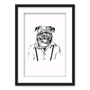Framed Wall Art - Mr Pug in Overalls - Black Picture Frames White Matting - 23x31 inches