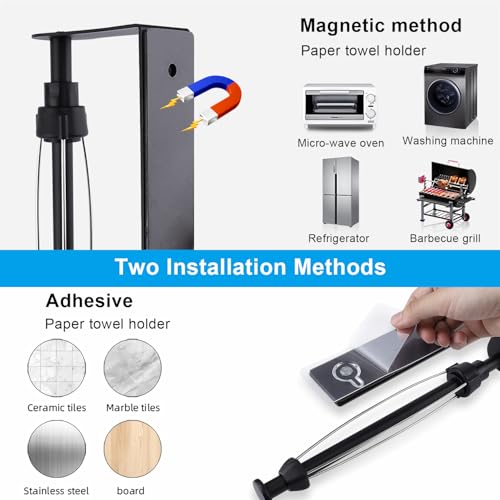 Magnetic Kitchen Roll Holder with Buffer Effect, One Hand Operation, Self Adhesive and No Drilling, Aluminum Alloy Kitchen Roll Holder for Kitchen, Refrigerator, Oven, Caravan, Garage (Black)