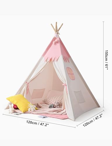 besrey Children's Play Tent Indian Canvas Teepee Cotton with Padded Mat and Fairy Lights (Pink and White)