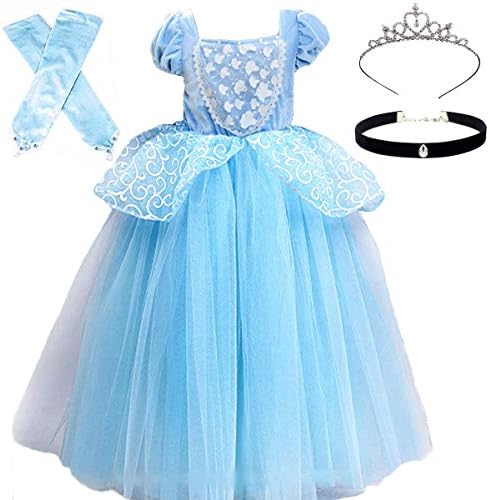 Cinderella Costumes Girls Princess Dress Up Fancy Halloween Christmas Party with Tiara and Choker Set