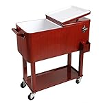 HIO 80 Qt Outdoor Patio Cooler Table On Wheels, Rolling Cooler With Shelf,Wooden Style,Red