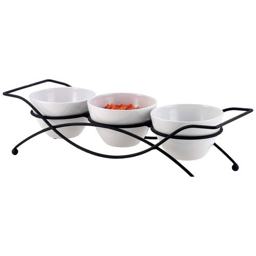 Elegant 4-piece Relish Tray with White Ceramic Bowl. Server Set with Metal Rack. Buffet Server for Candy, Nuts and Dips.