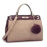 Dasein Women's Designer Two Tone Turn Lock Satchel Handbags Shoulder Bag Briefcase With Pom-Pom Puff