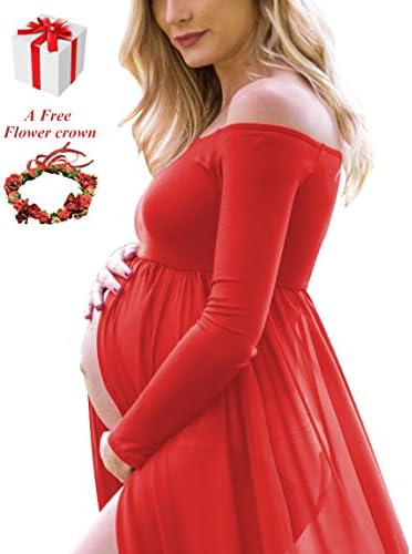 Women's Maternity Wedding Photography Dress Stretchy Photoshoot Baby Shower Long Sleeve Chiffon Split Front Maxi Pregnant