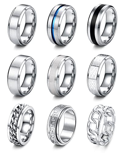 LOLIAS 9 Stück Edelstahl Herren Ringe Silber Matt Finish Poliert Band Ringe Ketten Ringe Flaschenöffner Ringe Ehering Verlobungsringe Vintage Fidget Ring für Männer Damen