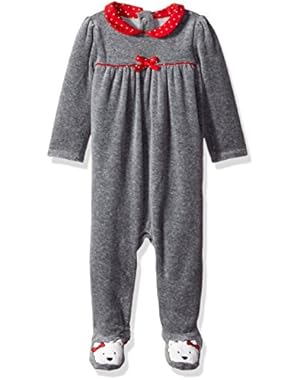 Girls' Footed Velour Dog Romper, Smoggy Heather, 0-3 mo.