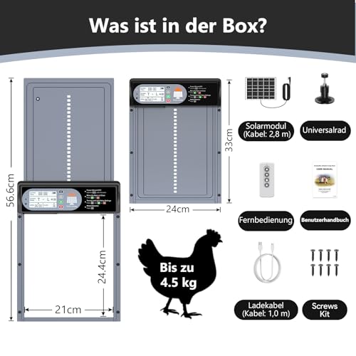 CHAMUTY Automatic Chicken Flap Solar Aluminium Electric Chicken Flap Automatic with LED Display, Light Sensor, Timer, Remote Control, Chicken Coop Door, Grey