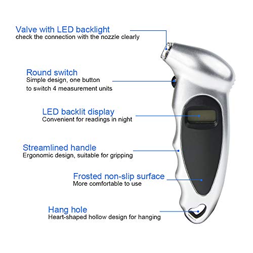 PEIFEITE Digital Tire Pressure Gauge Fast and Accurate Readings Backlight LCD Display 4 Ranges Settings with Non-Slip Grip Ergonomic Design Tire Gauge for Vehicle Motorcycle Bike - Thumbnail 2