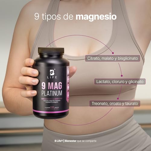 Mezcla de Magnesios Premium con 240 Cápsulas 1100 mg por poción. Adicionado con Colágeno Hidrolizado y Vitamina C. 9 Mag Platinum B Life.