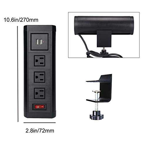 Desktop Clamp Power Plug Outlets with 2 USB Ports, Removable Mount Multi-Outlets, Power Strip Socket Connect 3 Plugs for Reading Home Office