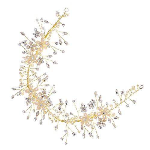 SWEETV Freshwater Pearl Headband Wedding Hair Vine Crystal Band Gold Bridal Hair Accessories