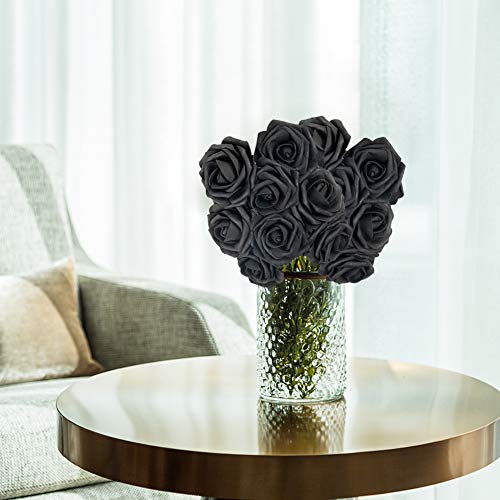 Johouse 30 PCS Artificial Rose Flowers, Black Roses Faux Roses Single Stem Fake Flowers for DIY Wedding Bouquets Halloween Party Favor Home Decor, 3 Size with 2 Leaves