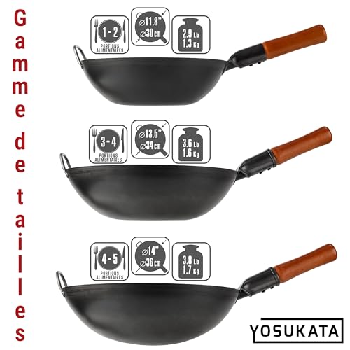 YOSUKATA Professional Wok Pan 36 cm – Traditional Round Base in Preconditioned Carbon Steel – Original Chinese – Large Pot – Compatible with Gas and Open Fire (Black)