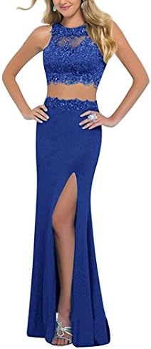 Liaoye Women's Split Mermaid Prom Dress Two Pieces Beading Party Gown Royal Blue 2