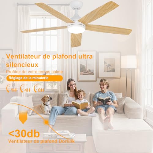 Dorlink Ceiling Fan with Light and Remote Control, 132 cm, Silent Reversible DC Motor, Ceiling Fan with Light for Bedroom, Living Room, Kitchen, Natural Wood Tint/White