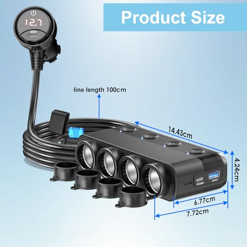 Qidoe 4 x Car Cigarette Lighter Charger Socket Adapter 300W Dual PD 30W and QC 3.0 12V-24V Car USB Socket with Independent Switch and LED Voltmeter for All Car Devices