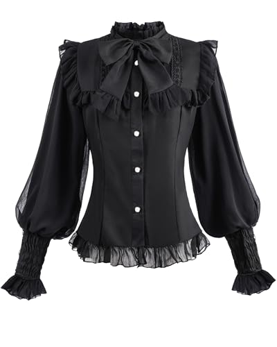 FCCAM Viktorianische Bluse Damen Steam Punk Bluse Damen Rüschenbluse Mittelalter Spitzen Shirt Trachtenbluse,Schwarz,M