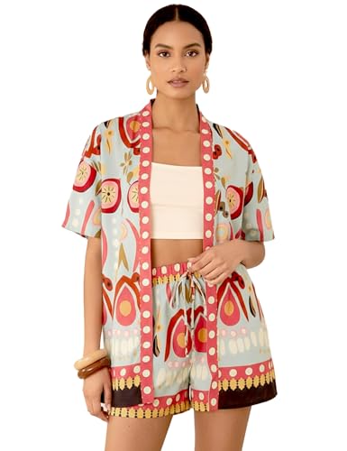 QSfuchuang Women Boho Tropical Print Beach Cover Up 2 Piece Set Summer Short Sleeve and Shorts Lounge Outfits Lightweight Swimwear Matching, 05Red M at Amazon