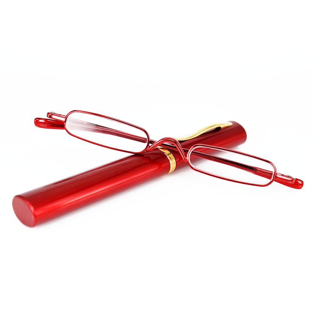 KoKoBin Mini Slim Reading Glasses Spring Hinge Metal Reading Aid Unisex with Case (Red, +3.0)