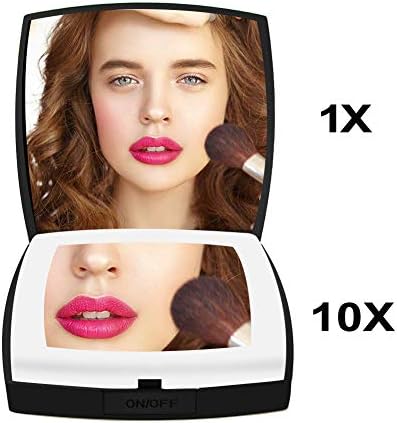 1x /10x Magnifying Makeup Mirror with Light-LED Compact Pocket Mirror for Travel or Purse-USB Charge (Black)